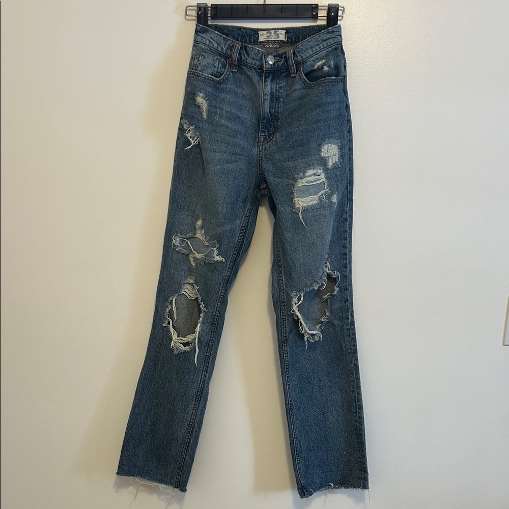 Free People Distressed Straight Leg Jeans - Blue